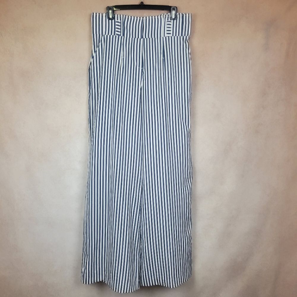 7th Avenue Blue White Striped Wide Leg Highwaist Paperbag Pants Size 12